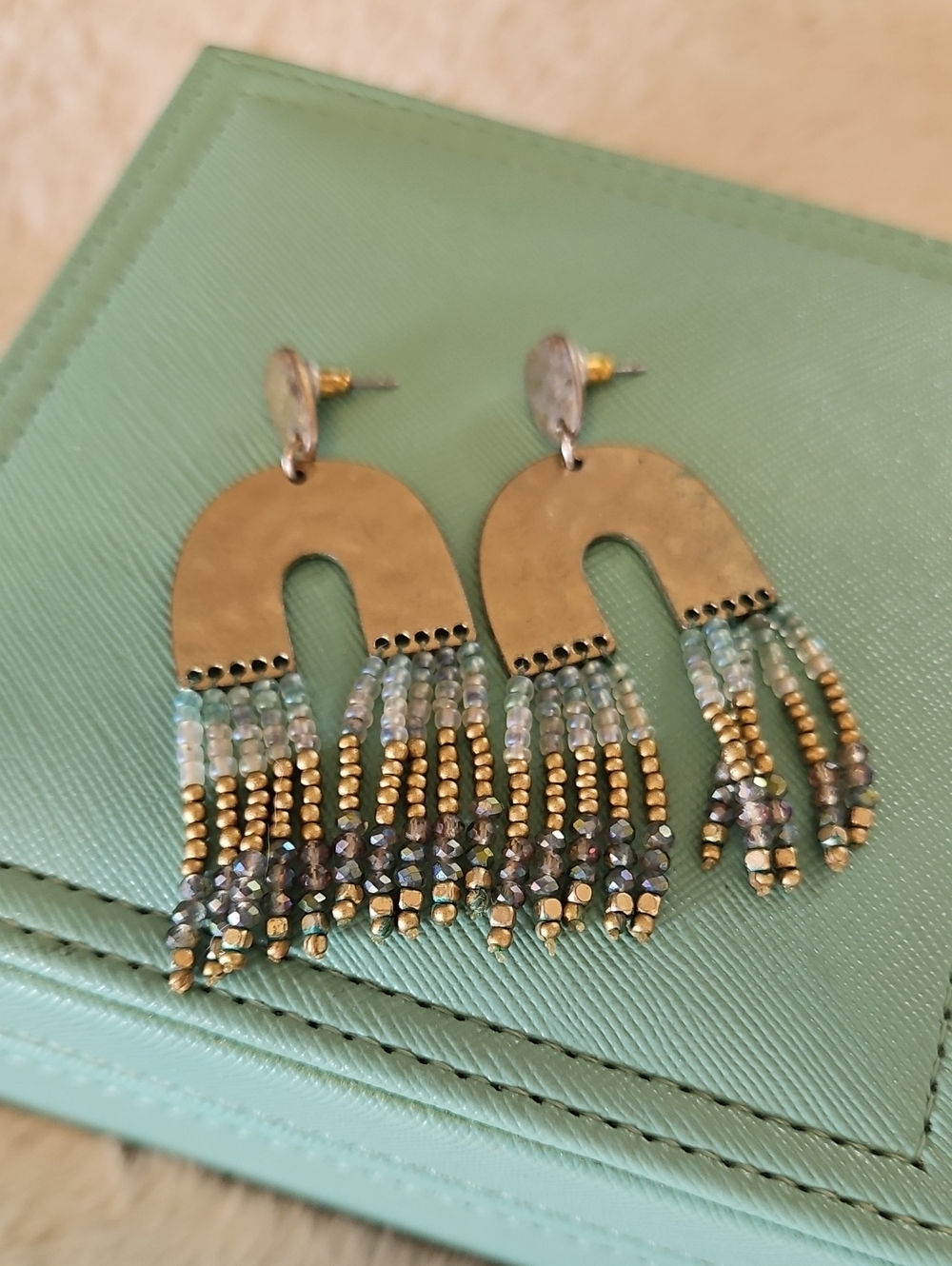 Gold Arch Fringe Earrings with Aqua and Gray Beads